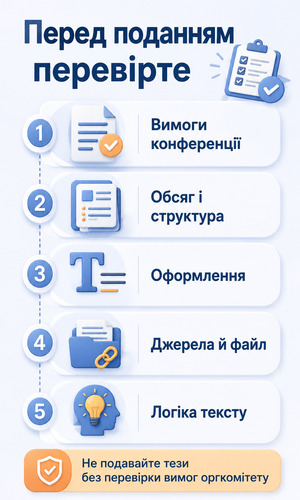 Інфографіка з чеклістом перевірки наукових тез перед поданням