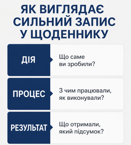 Формула сильного запису у щоденнику практики дія процес результат