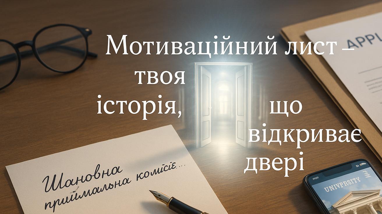 Фотореалістичне зображення письмового столу з ноутбуком, аркушем мотиваційного листа та рукою, що тримає ручку для підпису