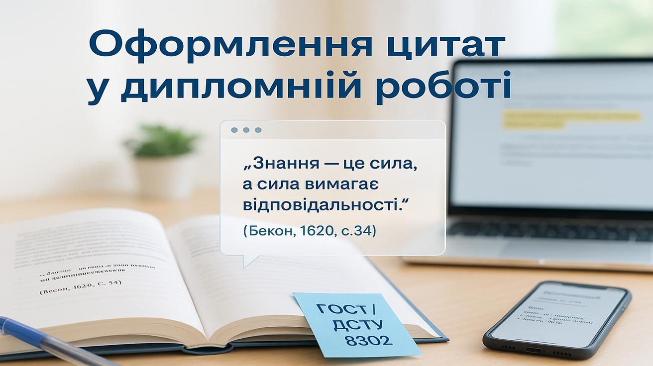 Оформлення цитат у дипломній роботі згідно з ДСТУ — приклад цитати, відкритої книги, ноутбука та смартфона