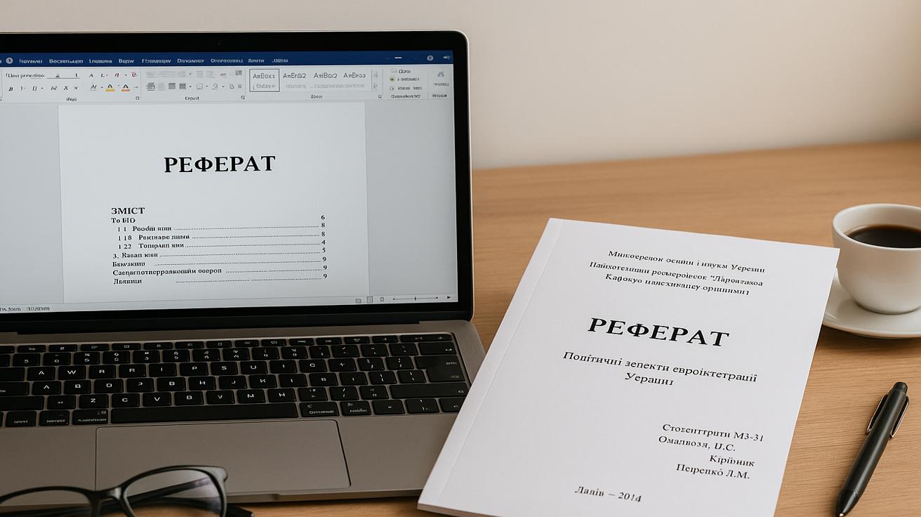 Робоче місце студента з ноутбуком та відкритим рефератом у Word, приклад оформлення титульної сторінки та змісту