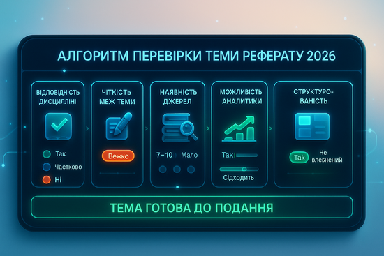 Інфографіка «Алгоритм перевірки теми реферату 2026» у вигляді панелі AI-асистента з етапами оцінювання теми: дисципліна, межі, джерела, аналітика, структура.