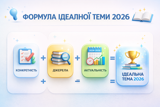 Формула ідеальної теми реферату 2026: конкретність, джерела та актуальність як ключові елементи успішного вибору теми.