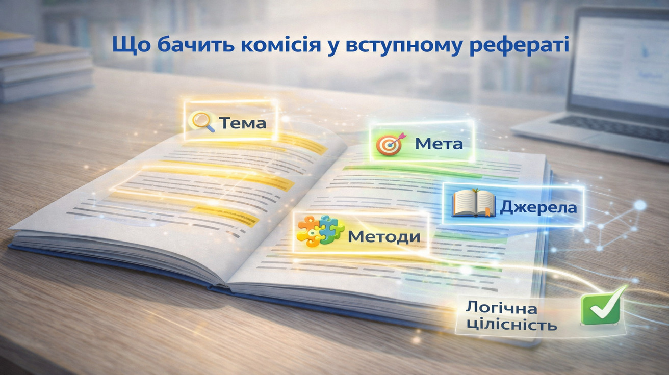 Фотореалістичне зображення вступного реферату з елементами доповненої реальності, що показує, як приймальна комісія оцінює логіку наукового мислення