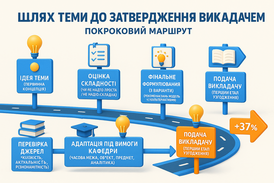 Інфографіка «Шлях теми до затвердження викладачем»: покроковий маршрут від ідеї теми до подання викладачу.