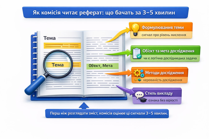 інфографіка як приймальна комісія читає вступний реферат за 3–5 хвилин і оцінює тему, мету, методи та стиль викладу