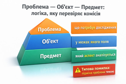 Інфографіка з поясненням логіки «проблема — об’єкт — предмет» у науковому дослідженні та типової помилки підміни проблеми темою
