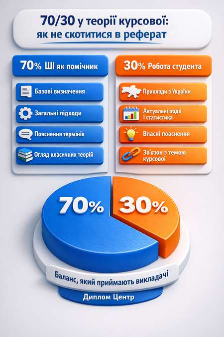Інфографіка 70/30 у теорії курсової роботи: 70 відсотків допомоги ШІ та 30 відсотків власної роботи студента для уникнення реферативності