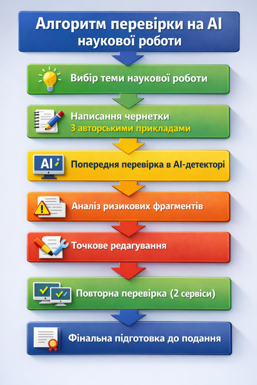 Алгоритм перевірки на AI наукової роботи: вибір теми, чернетка, AI-детектор, аналіз ризиків, редагування, повторна перевірка, фінальна підготовка