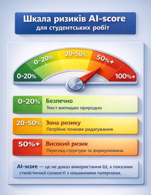 Шкала ризиків AI-score для студентських робіт із зонами 0–20% безпечно, 20–50% зона ризику, 50%+ високий ризик