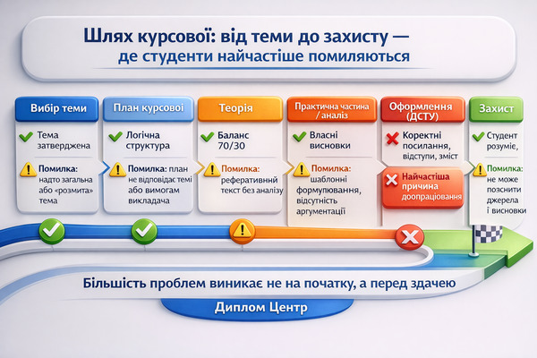 Інфографіка шлях курсової роботи від вибору теми до захисту з основними помилками студентів на кожному етапі