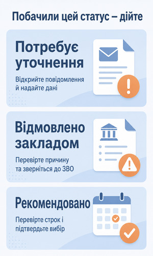 Статуси заяви вступника, які потребують уточнення, перевірки причини відмови або підтвердження вибору