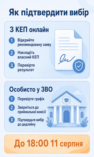 Два способи підтвердження вибору місця навчання: онлайн із КЕП або особисто в університеті