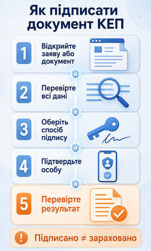 П’ять кроків електронного підписання вступної заяви або документа за допомогою КЕП